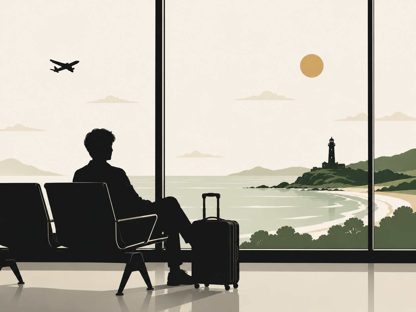 A traveler waiting at an airport gate, looking out at a coastal view with a lighthouse in the distance