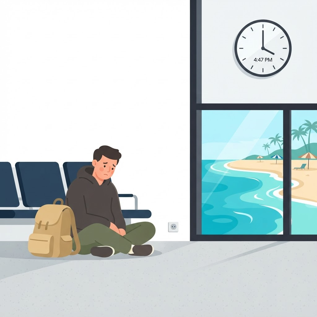 A tired traveler waiting at an airport gate with a bright beach visible outside the window