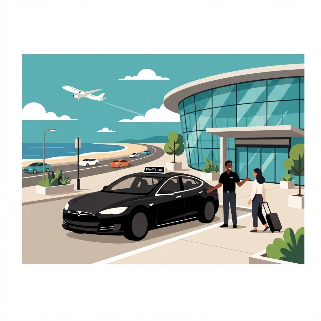 Black private taxi waiting outside the airport terminal with a driver